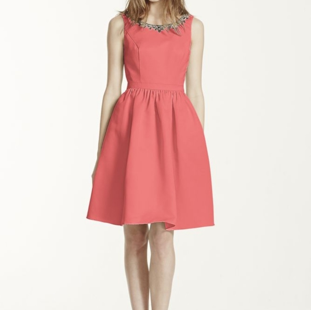 David's Bridal boatneck faille jewel dress F15703